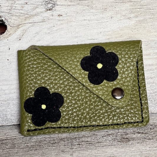 Handmade Green Leather Card Wallet with Black flowers