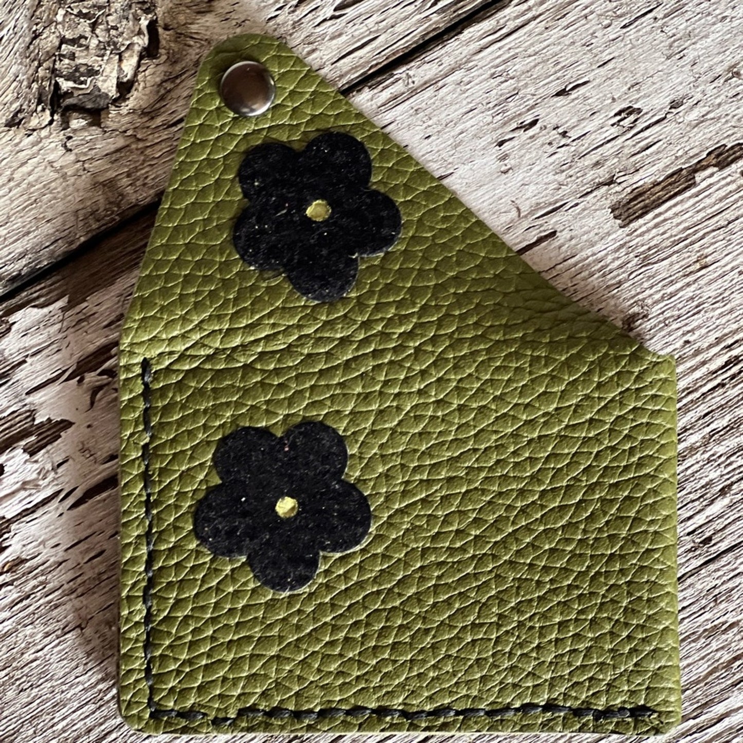 Handmade Green Leather Card Wallet with Black flowers