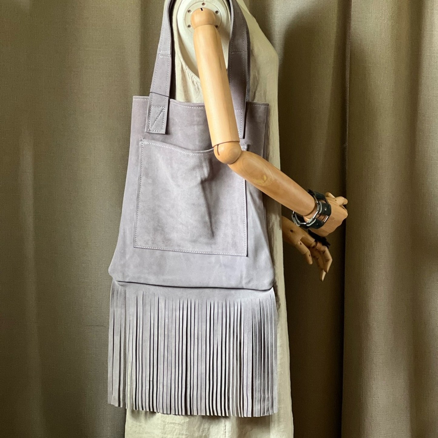 Handmade Lavender Suede Fringe Tote Bag