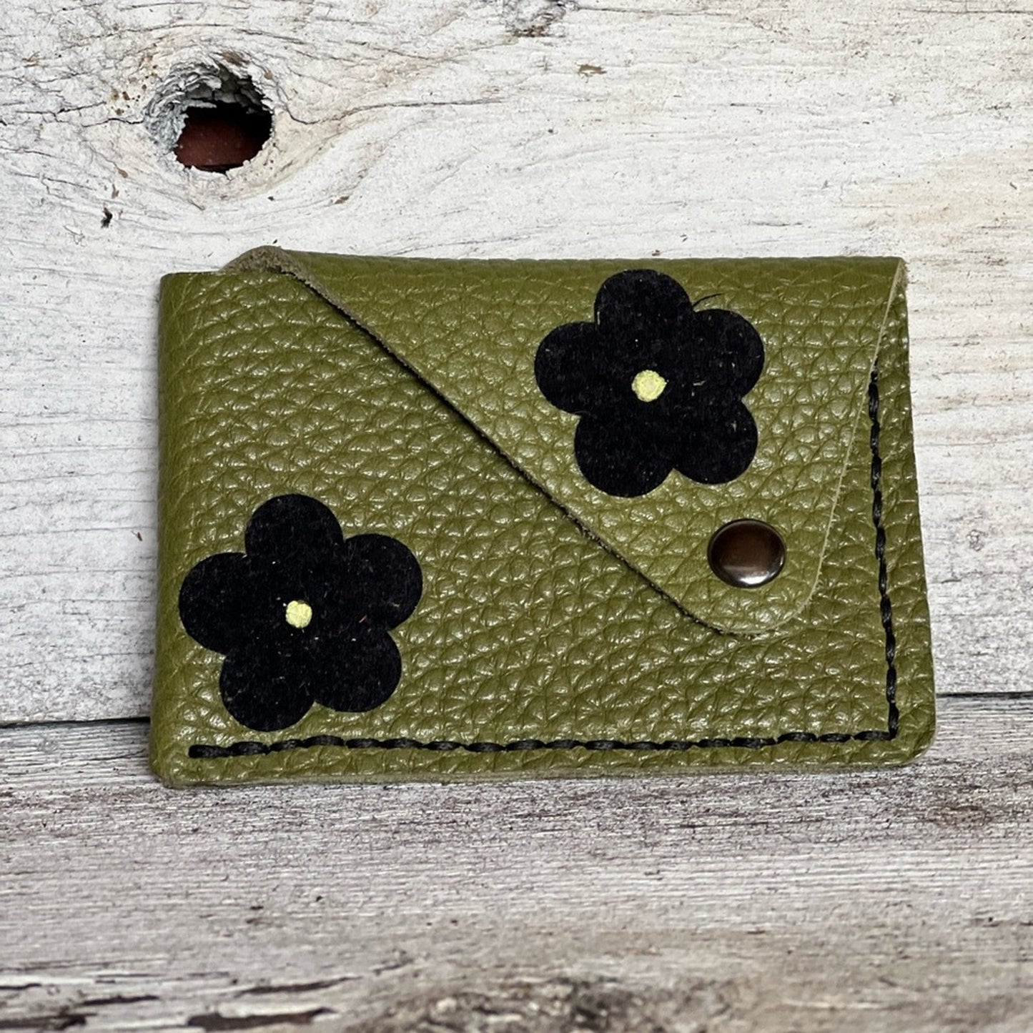 Handmade Green Leather Card Wallet with Black flowers