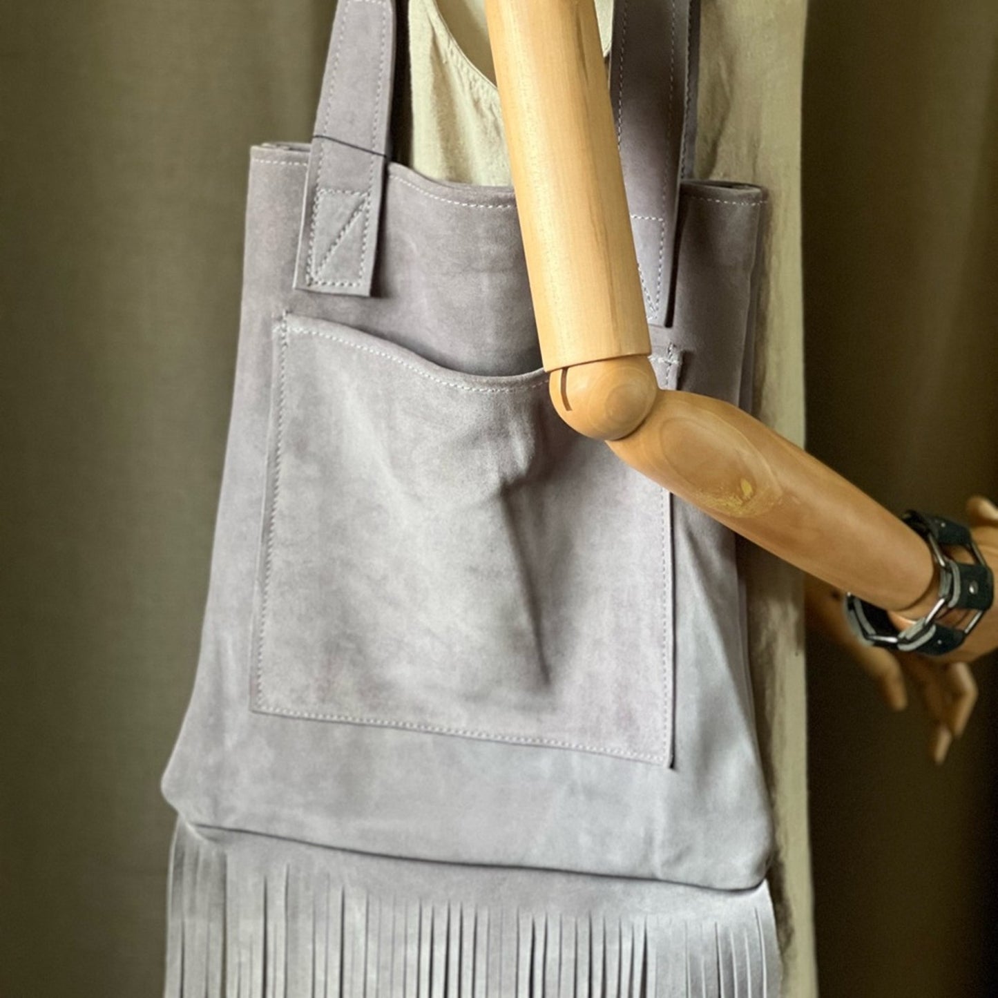 Handmade Lavender Suede Fringe Tote Bag