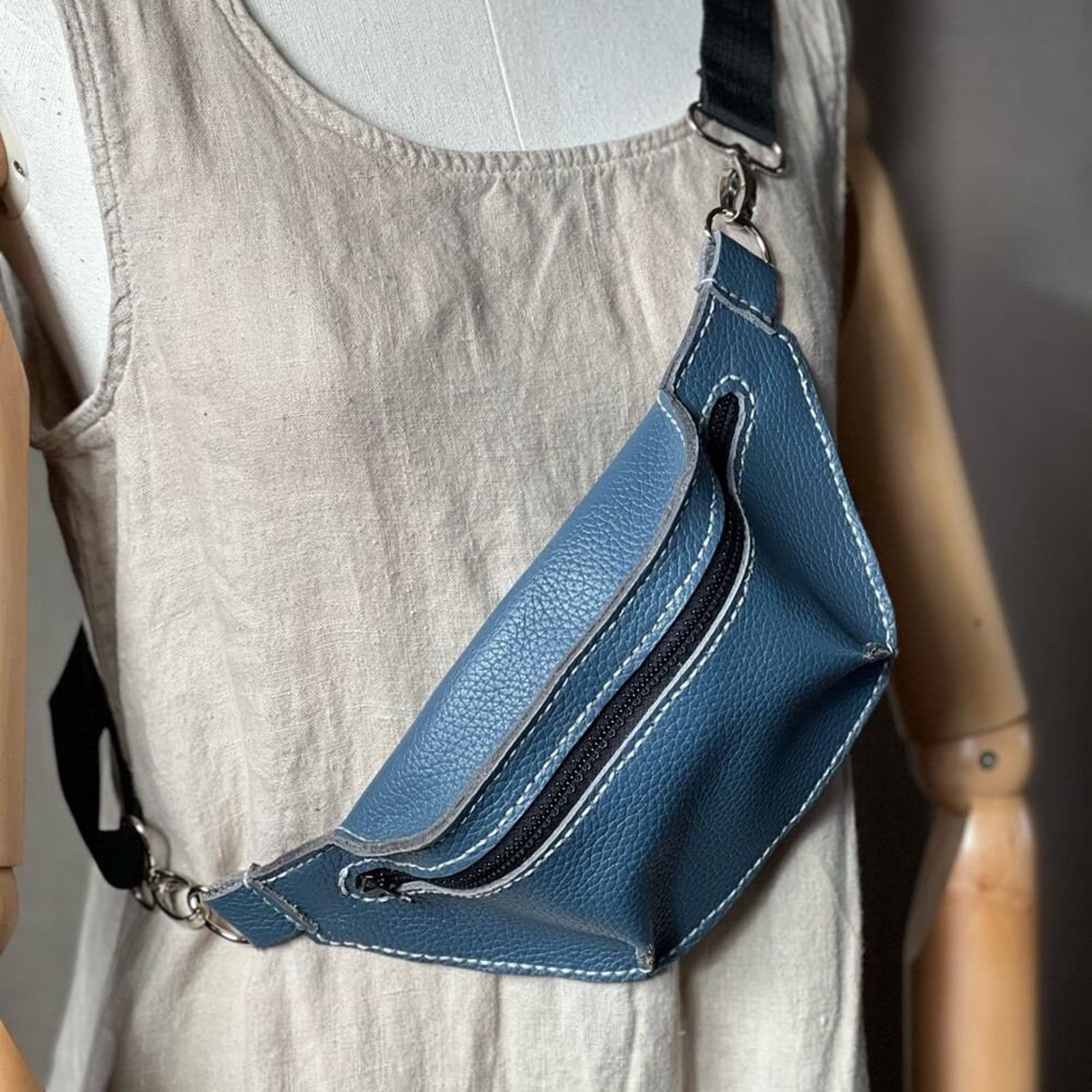 Blue selling Leather Canvas Fanny Pack for Woman