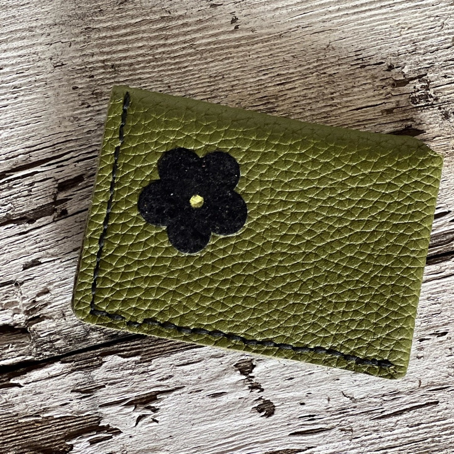 Handmade Green Leather Card Wallet with Black flowers