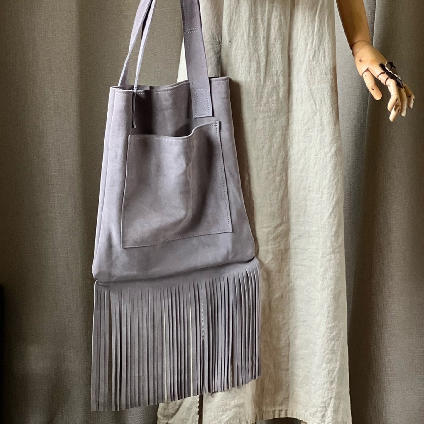 Handmade Lavender Suede Fringe Tote Bag