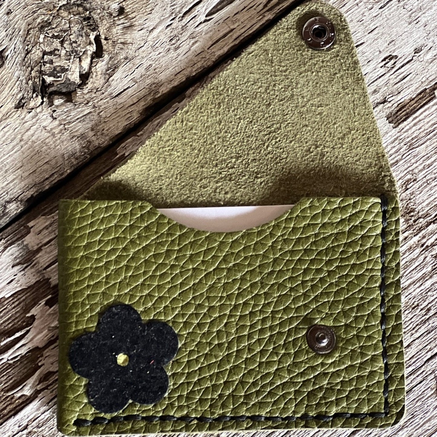 Handmade Green Leather Card Wallet with Black flowers