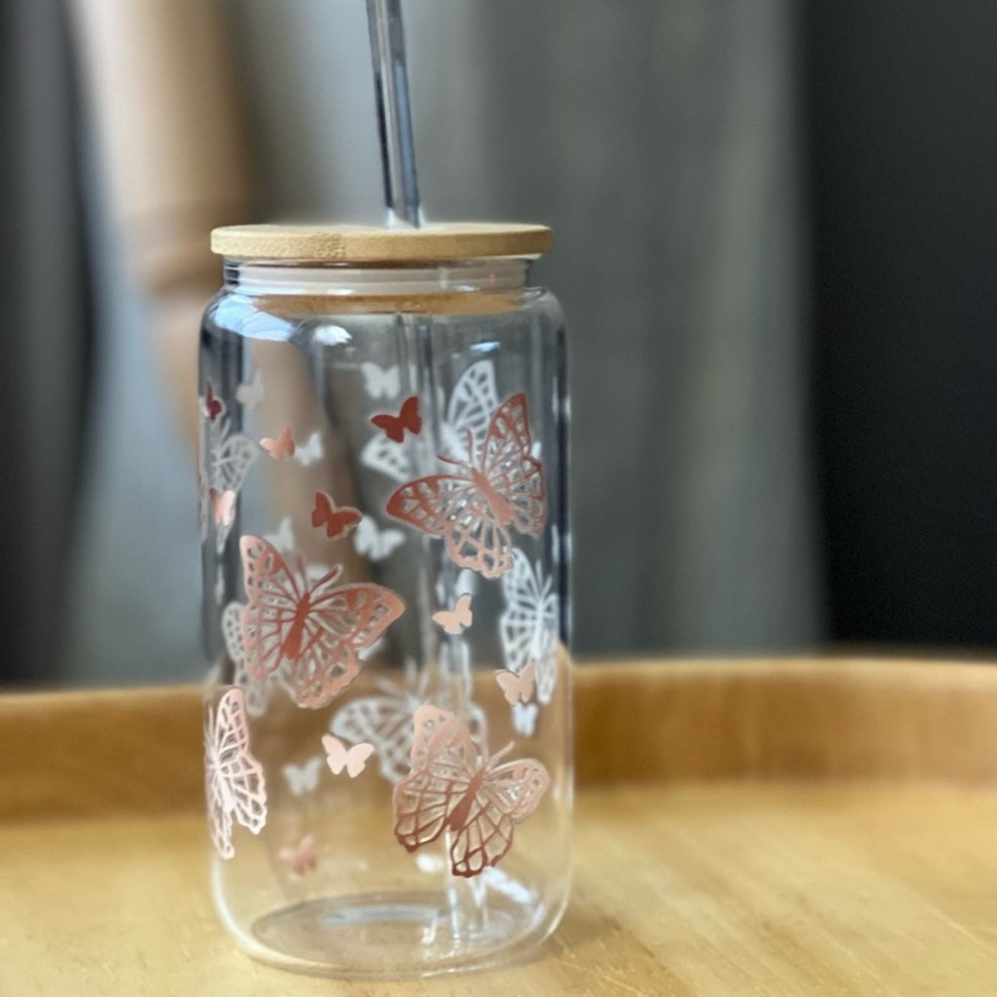 Butterfly Garden 16oz Iced Coffee Glass - Eco-Friendly Tumbler with Bamboo Lid and Glass Straw - Elegant and Sustainable Drinkware - Perfect for Cold Beverages