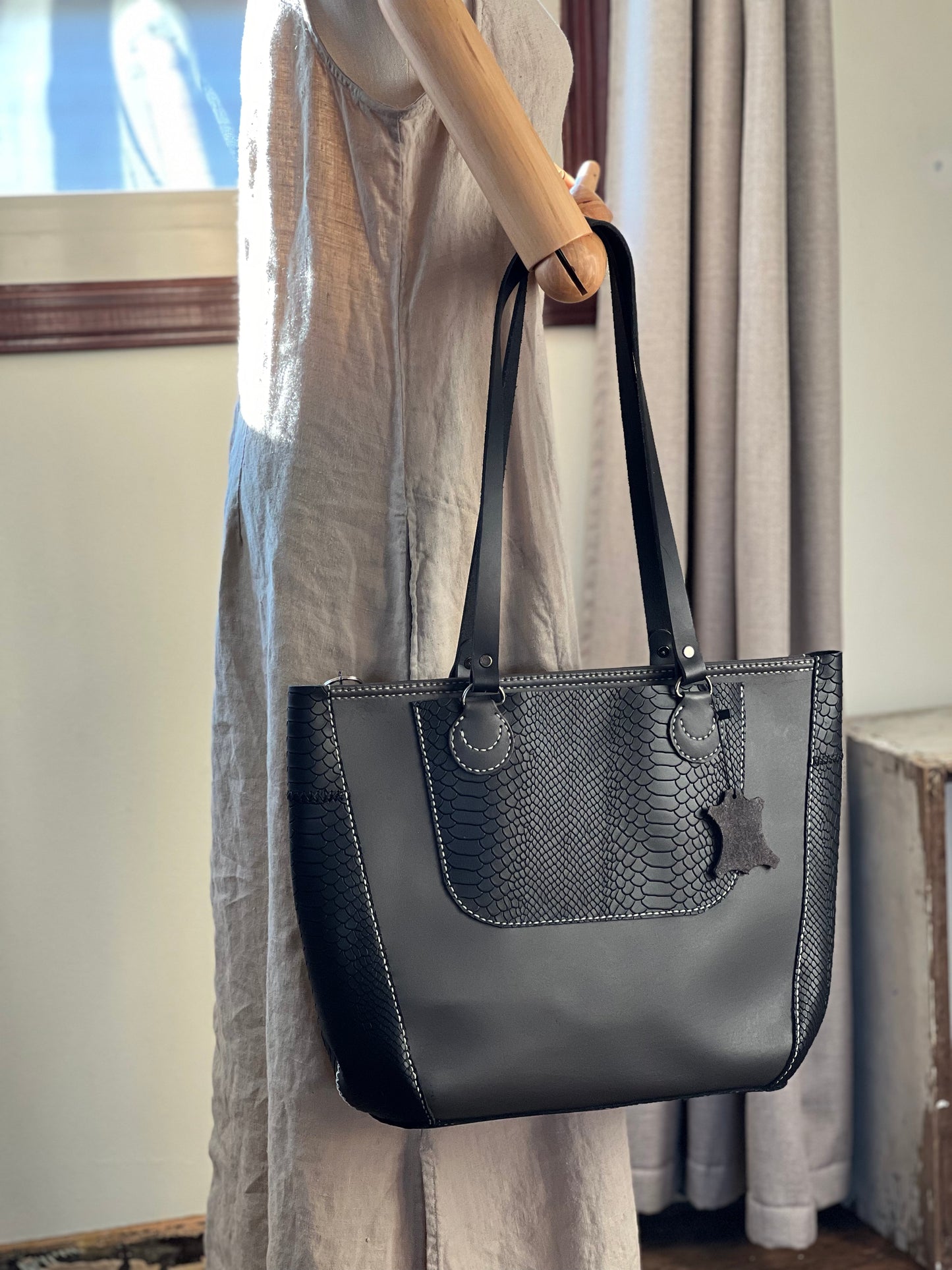 Handmade Gray and Black Leather Tote Bag