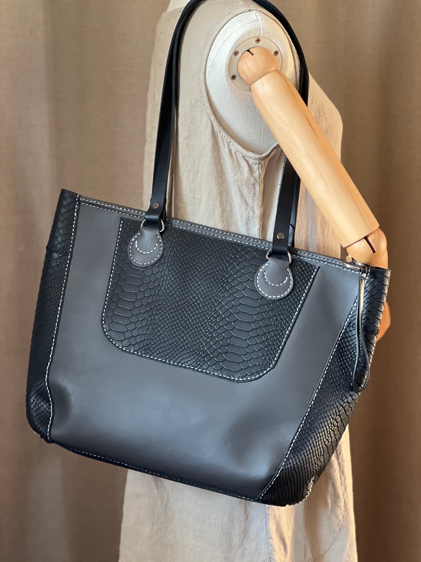 Handmade Gray and Black Leather Tote Bag