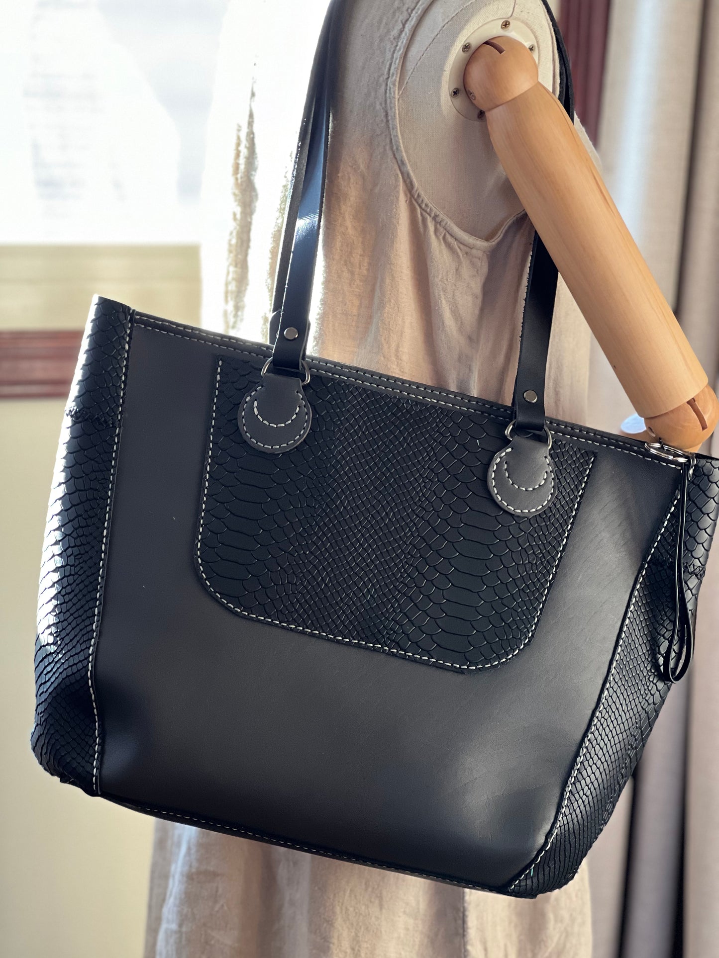 Handmade Gray and Black Leather Tote Bag