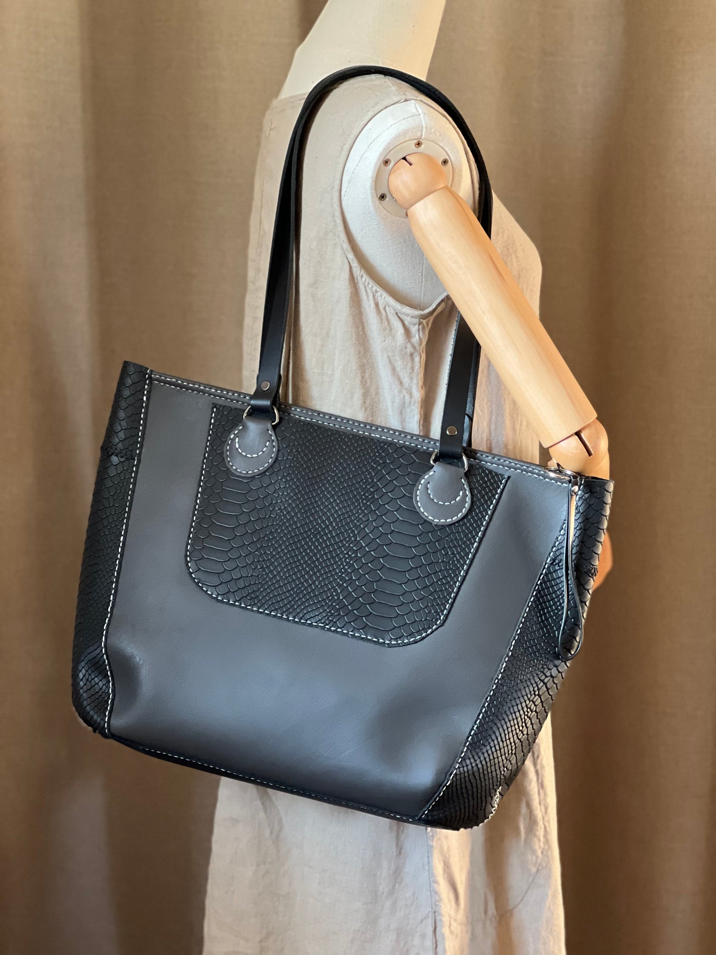 Handmade Gray and Black Leather Tote Bag