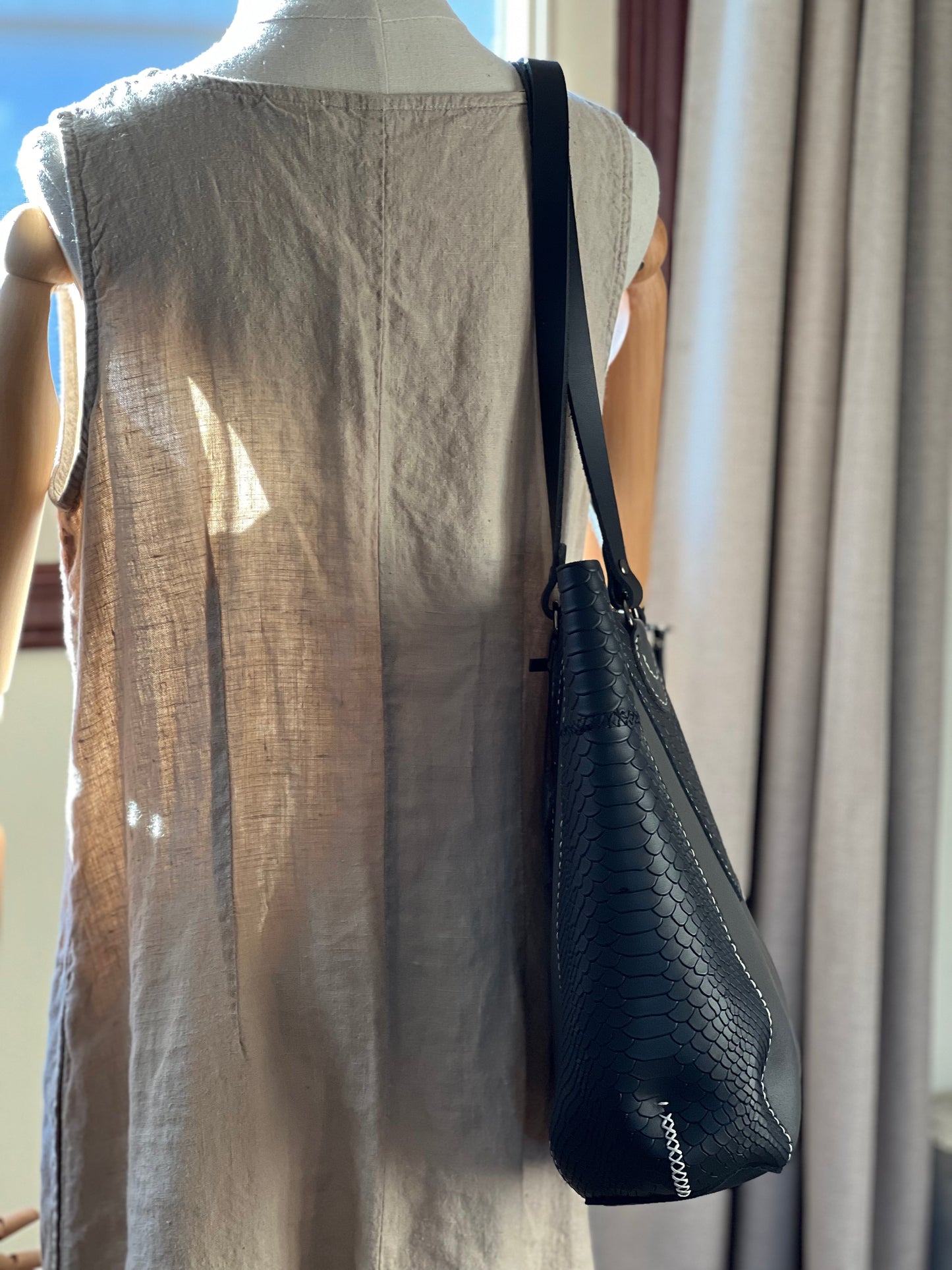 Handmade Gray and Black Leather Tote Bag