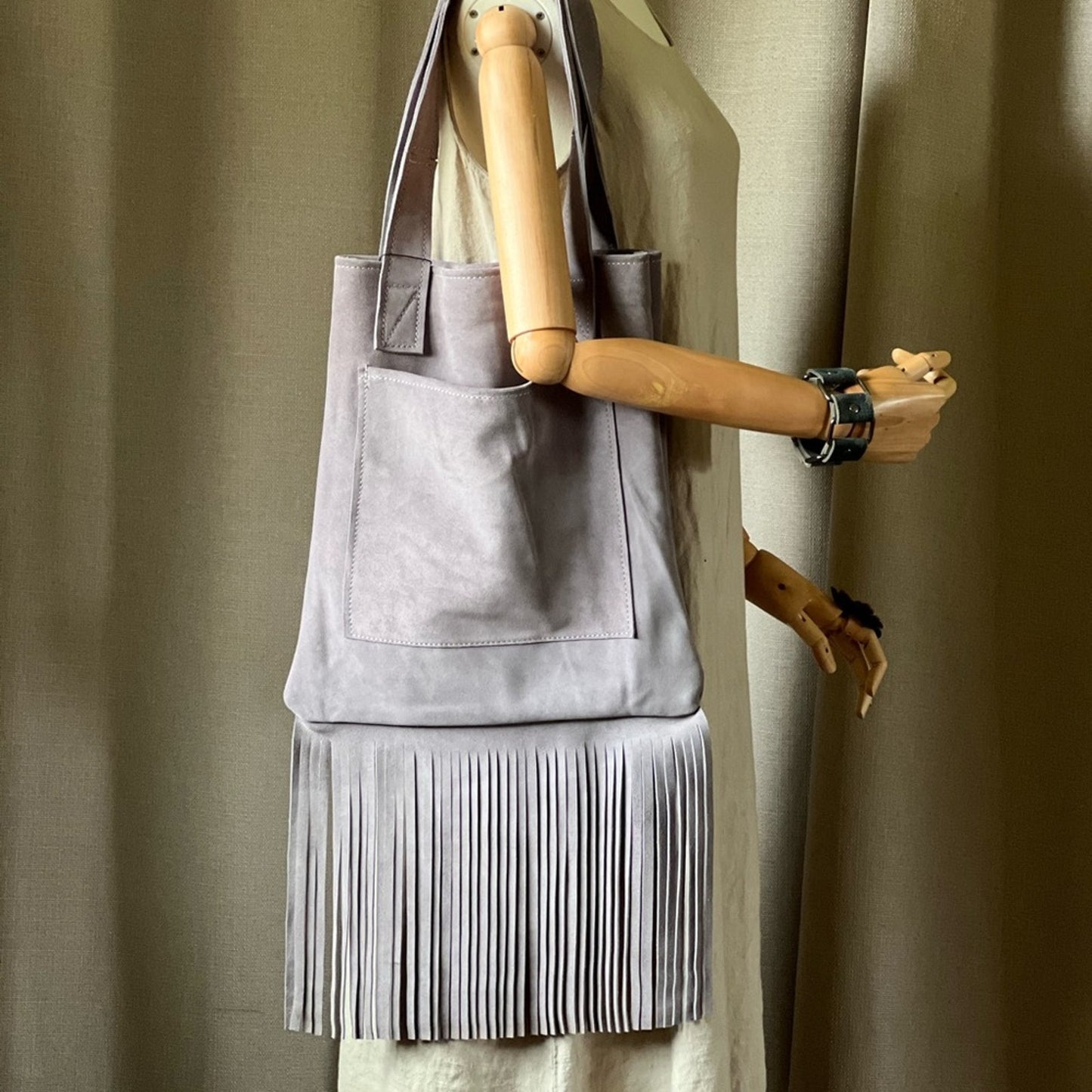 Handmade Lavender Suede Fringe Tote Bag