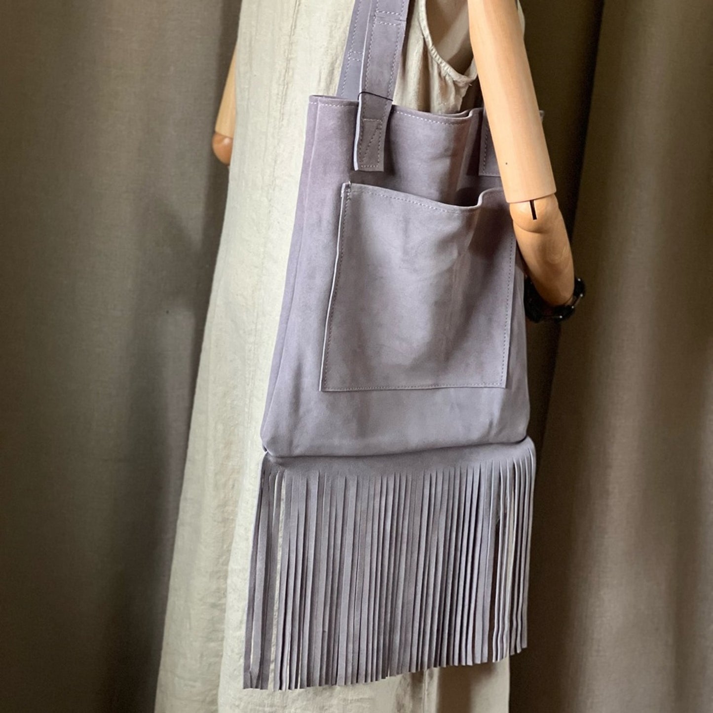 Handmade Lavender Suede Fringe Tote Bag