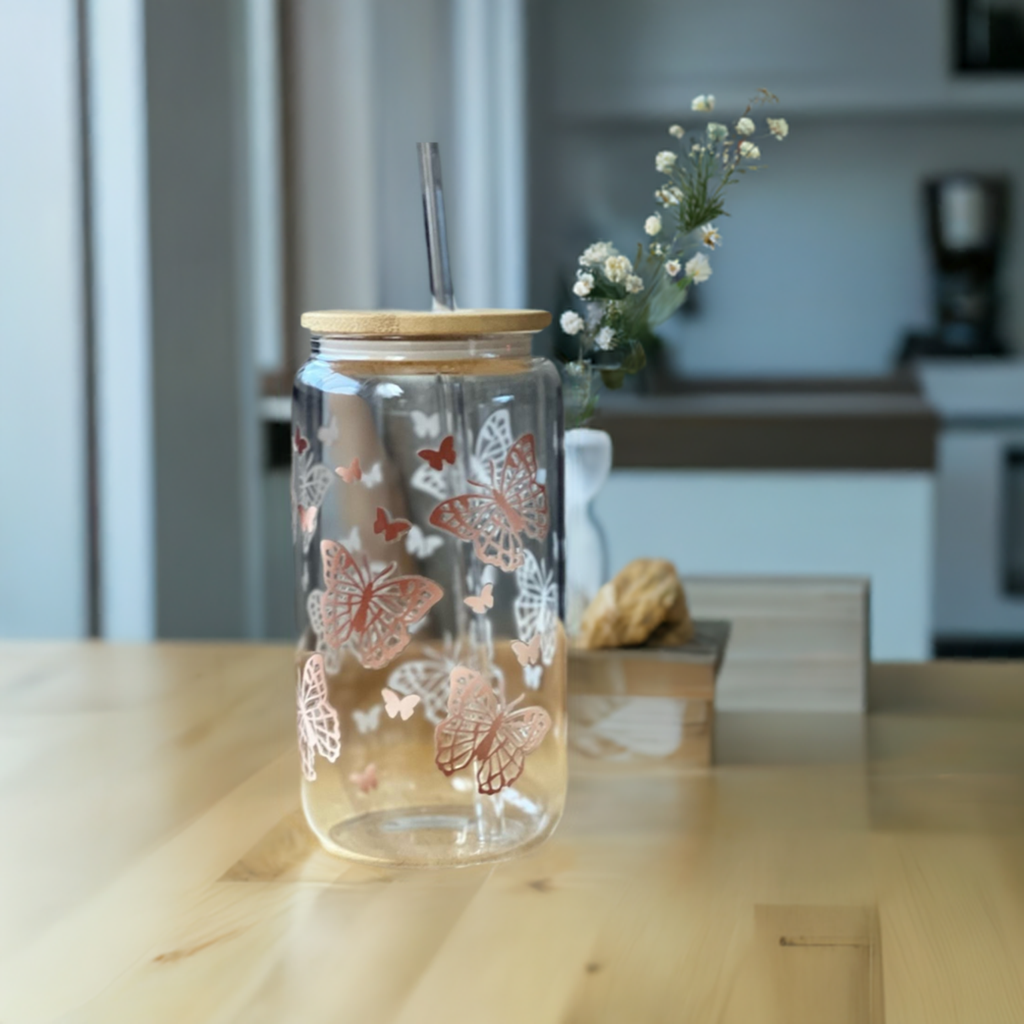 Butterfly Garden 16oz Iced Coffee Glass - Eco-Friendly Tumbler with Bamboo Lid and Glass Straw - Elegant and Sustainable Drinkware - Perfect for Cold Beverages