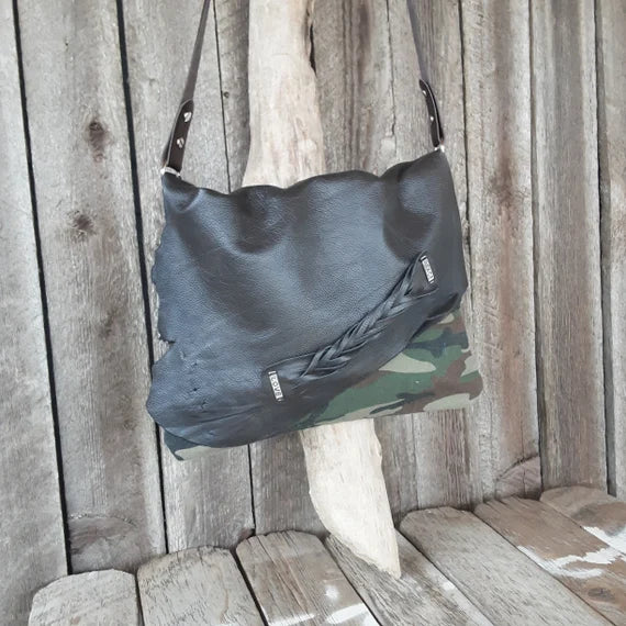 Handmade Camo and Leather Hobo Handbag - leatherbyanka