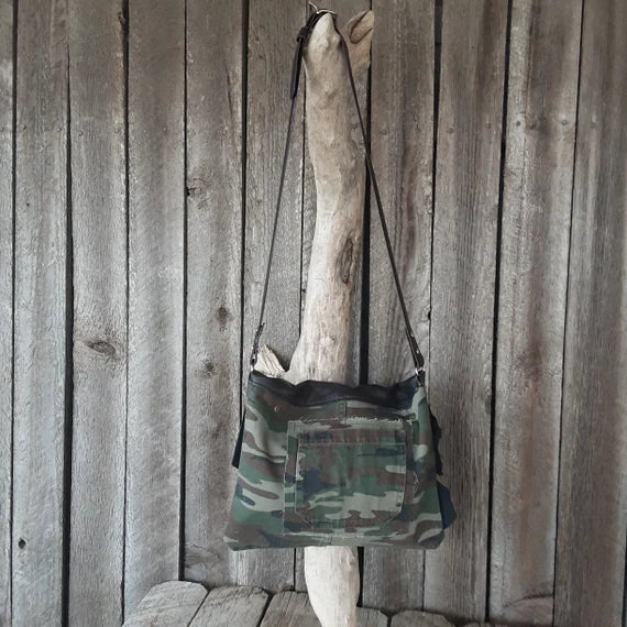 Handmade Camo and Leather Hobo Handbag - leatherbyanka