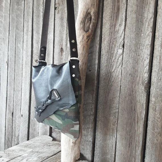 Handmade Camo and Leather Hobo Handbag - leatherbyanka