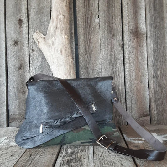 Handmade Camo and Leather Hobo Handbag - leatherbyanka