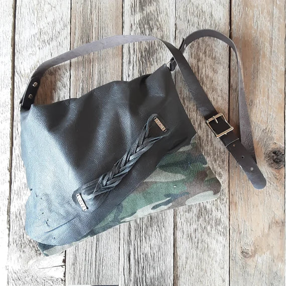 Handmade Camo and Leather Hobo Handbag - leatherbyanka