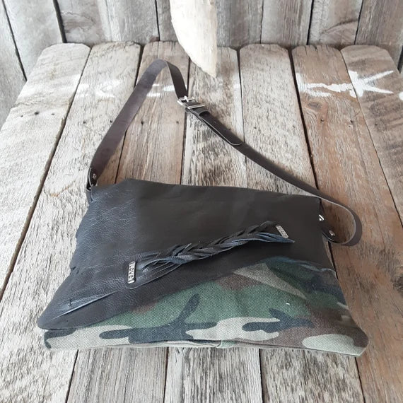 Handmade Camo and Leather Hobo Handbag - leatherbyanka