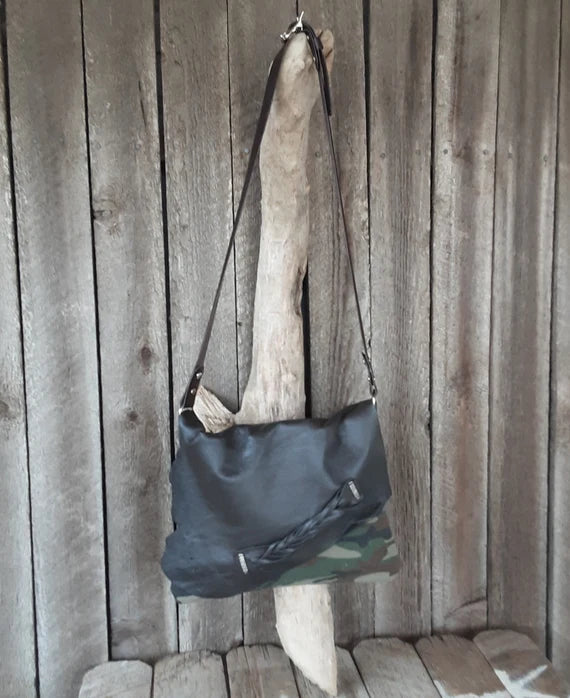 Handmade Camo and Leather Hobo Handbag - leatherbyanka