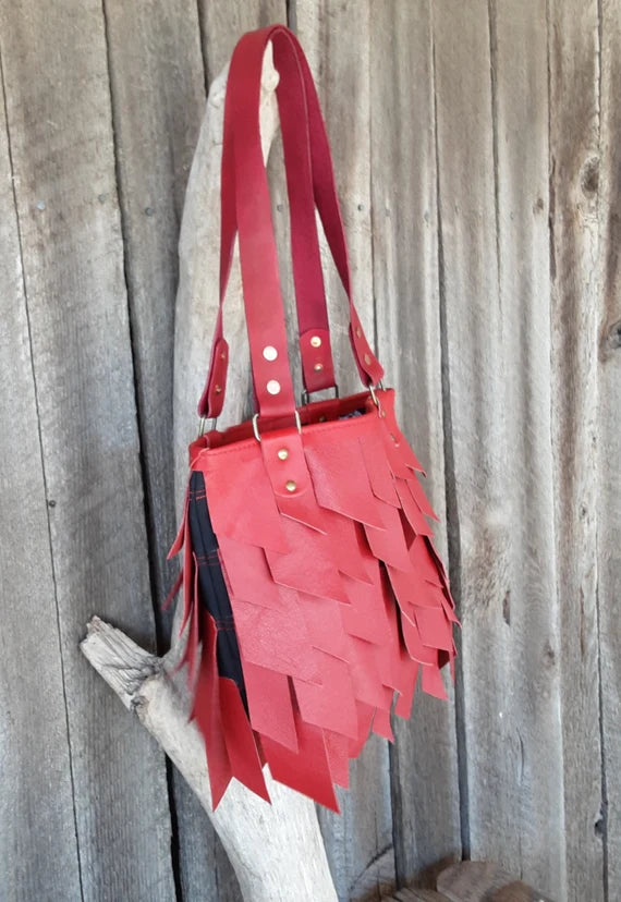 Red Leather Tote Bag with Tassels - leatherbyanka