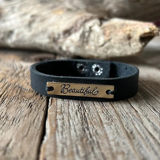 Handmade Inspirational Leather Bracelet “Beautiful “ - leatherbyanka