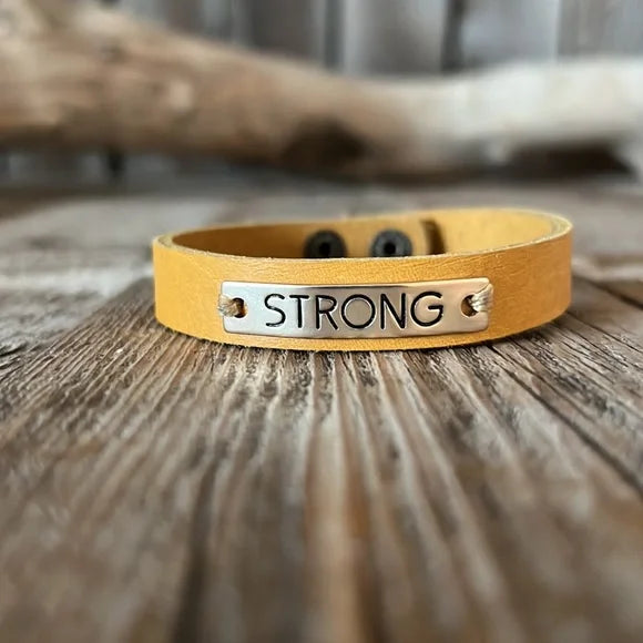 Handmade Yellow Inspirational “STRONG" Leather Bracelet - leatherbyanka