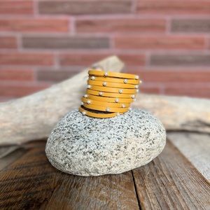 Handmade Yellow Leather Bracelet with White Pearls - leatherbyanka