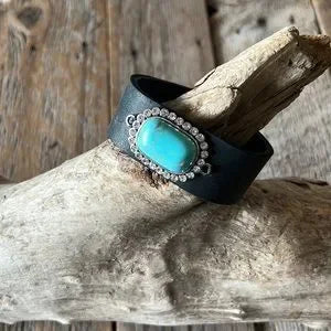 Handmade Leather Bracelet with Faux Turquoise Stone - leatherbyanka