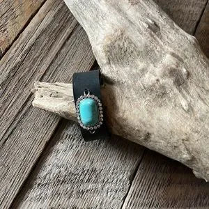 Handmade Leather Bracelet with Faux Turquoise Stone - leatherbyanka