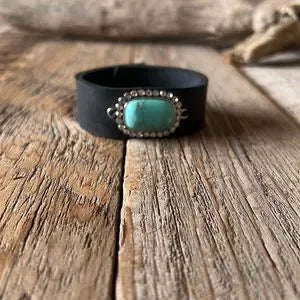 Handmade Leather Bracelet with Faux Turquoise Stone - leatherbyanka