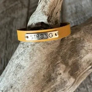 Handmade Yellow Inspirational “STRONG" Leather Bracelet - leatherbyanka