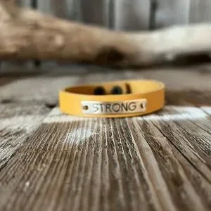 Handmade Yellow Inspirational “STRONG" Leather Bracelet - leatherbyanka