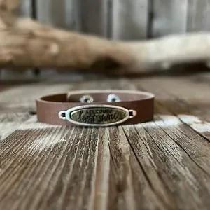 Handmade inspirational brown leather bracelet “let your light shine” - leatherbyanka