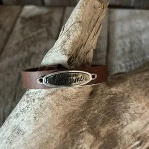 Handmade inspirational brown leather bracelet “let your light shine” - leatherbyanka