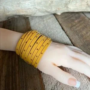 Handmade Leather Bracelet with Yellow Rhinestones - leatherbyanka