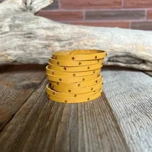 Handmade Leather Bracelet with Yellow Rhinestones - leatherbyanka