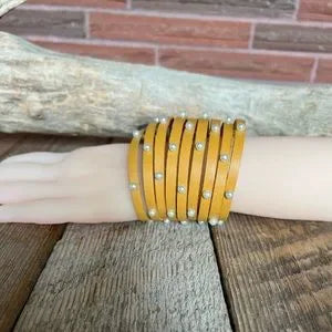 Handmade Yellow Leather Bracelet with White Pearls - leatherbyanka