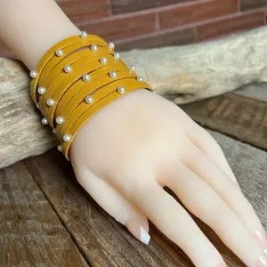 Handmade Yellow Leather Bracelet with White Pearls - leatherbyanka